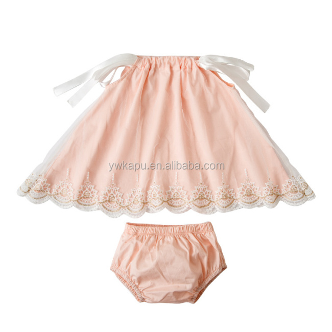 New Design Spring Baby Girl Lace Outfit Clothes Set Tunic Top With Diaper Cover