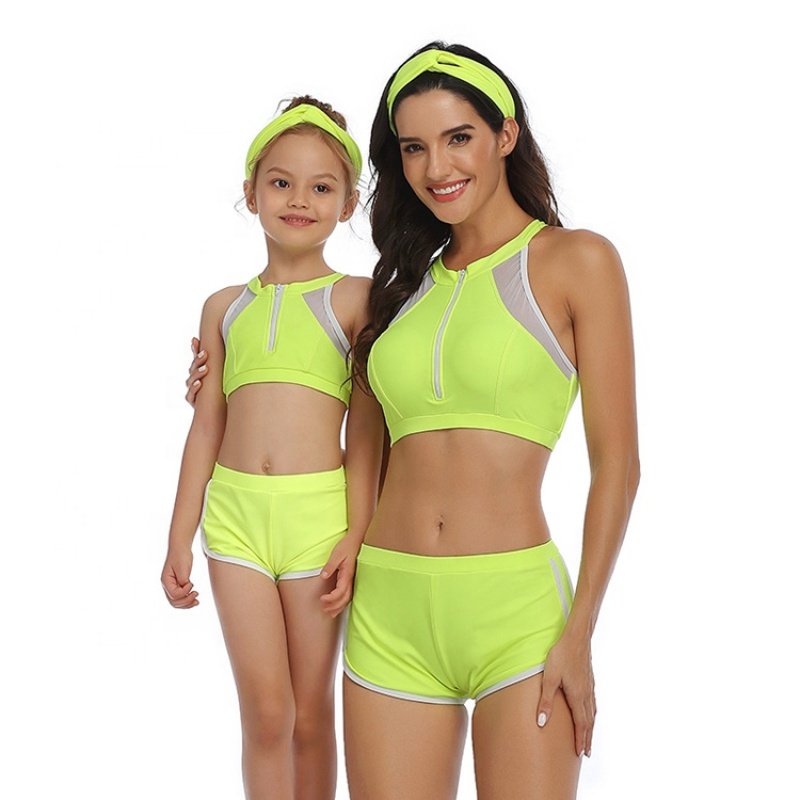 High quality 2 piece   mesh beach wear designer leopard girls swimsuits children bikini set