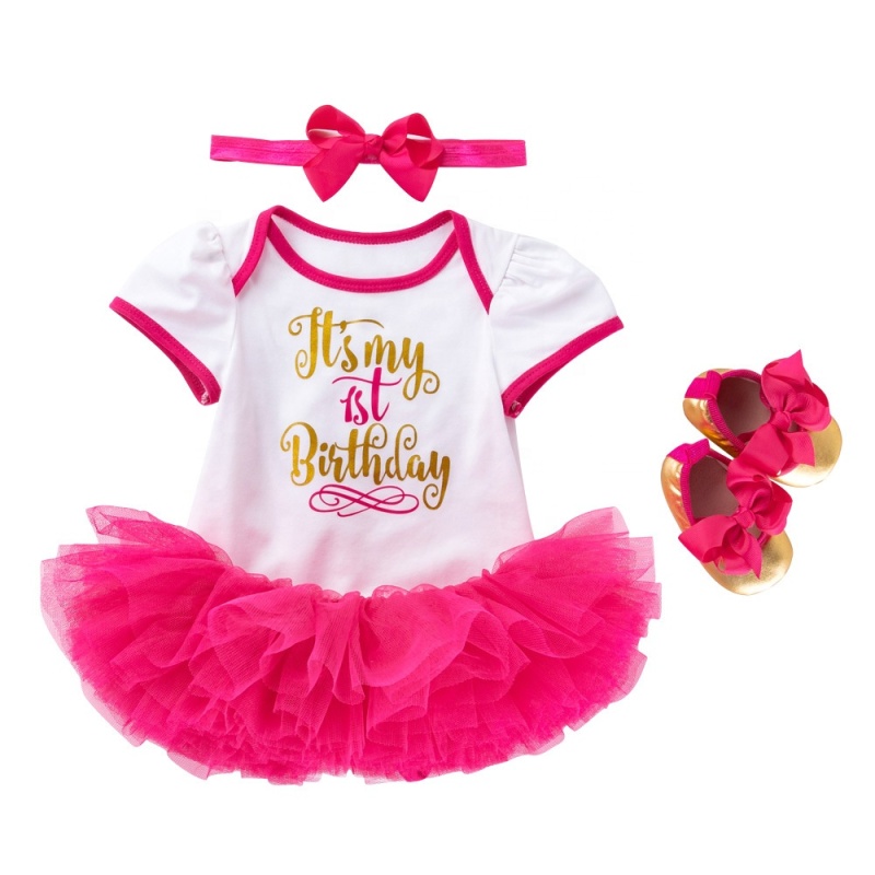 New Infant Boutique Cotton Girl Birthday Dresses With Baby Shoes And Headband 