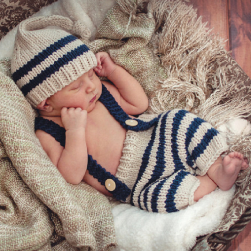 Newborn Photography Props Baby Navy Blue Hat Striped Crochet Knitting Clothing Set