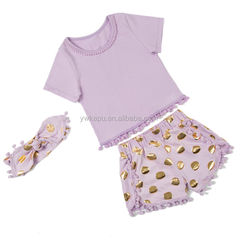 Wholesale Baby Pompom Top With Short Pants And Headband Outfit Set 