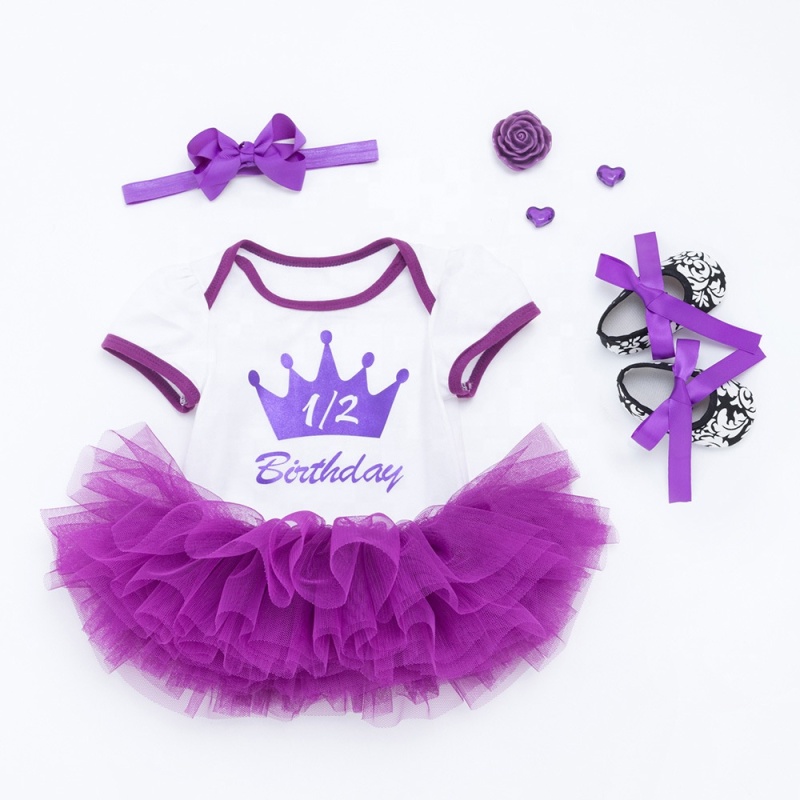 New Infant Boutique Cotton Girl Birthday Dresses With Baby Shoes And Headband 