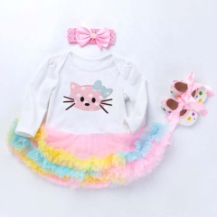 Wholesale Long Sleeve Baby Girl Birthday Outfit Dress With Baby Shoes And Headband Set