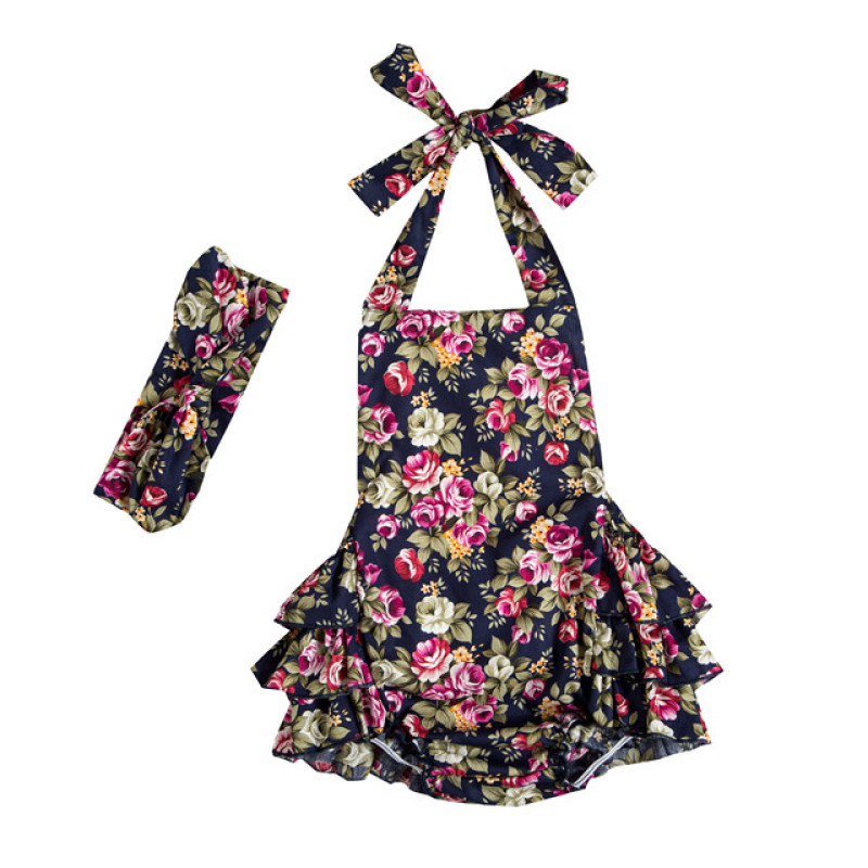 Super Quality Cotton Backless Baby Girls Rompers Flower Printed Halter Kids Rompers With Headband