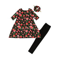 High Quality Soft Cotton Boutique Floral Girl Short Sleeve Dress With Headband And Cotton Leggings