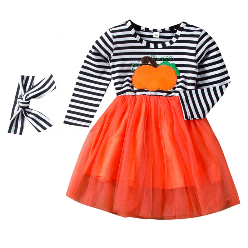 Cheap kids halloween cartoon pumpkin costumes double layered dress
