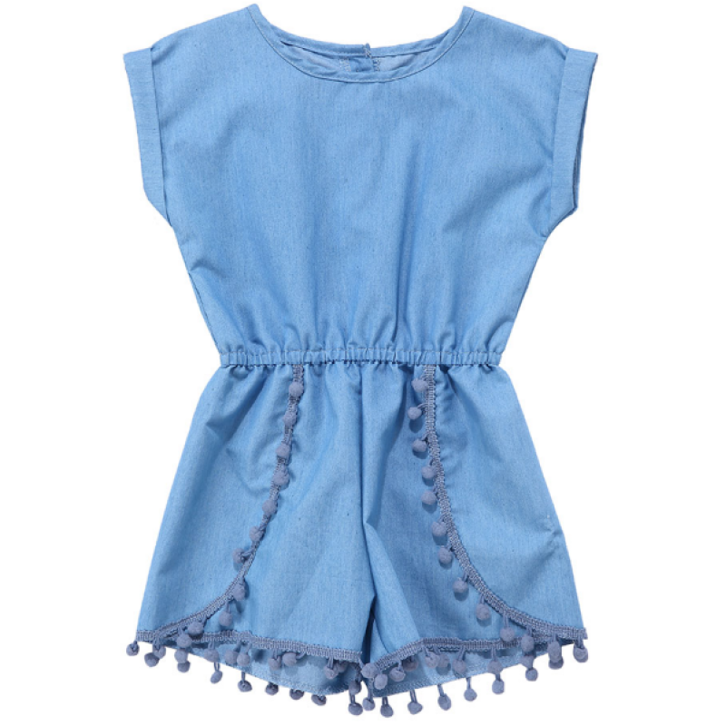 Wholesale trending baby denim clothing pompoms jumpsuit for baby and girls and toddler solid romper unisex baby clothes