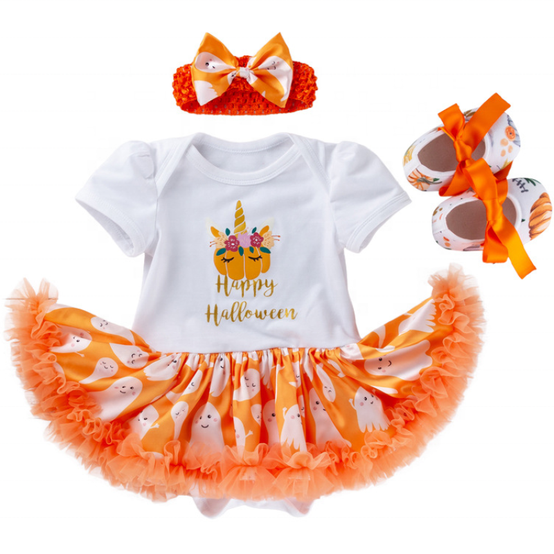 New arrival Halloween short puff sleeve girls tutu dress shoes kids clothing sets baby girl clothes