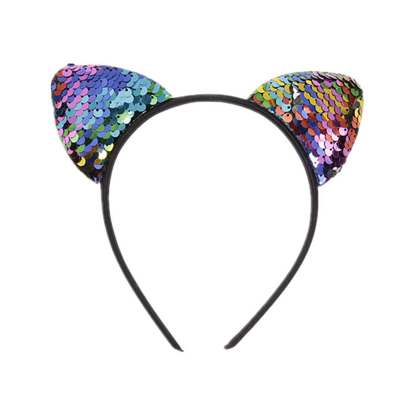 Custom Cute Sequin  Plastic Headband Girl Animal Black Glitter Paillette Cat Ear Headbands