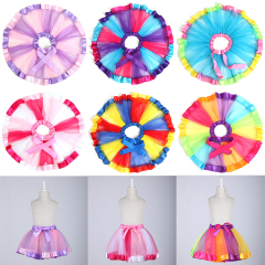 Hot Sale Multicolor Birthday Dance Tulle Rainbow Ribbon Bow Baby Girls TUTU Skirts