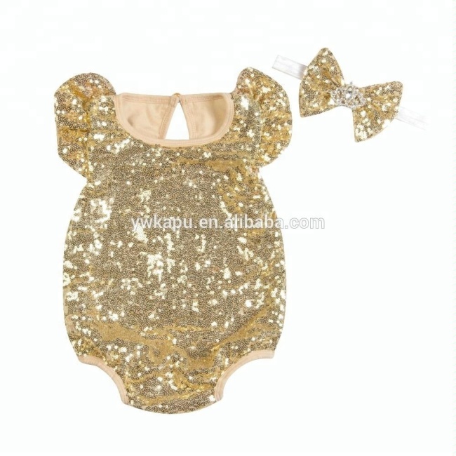 HOT Selling Summer Pretty Baby Girl's Spring Flutter Sequin Sleeve Romper with headband