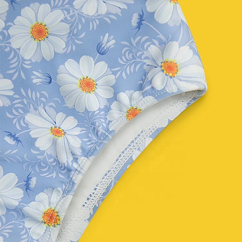 2021 new one piece blue long sleeve swimsuit floral swimwear