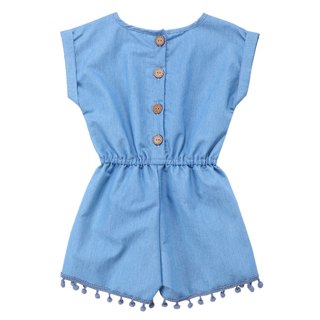 Wholesale trending baby denim clothing pompoms jumpsuit for baby and girls and toddler solid romper unisex baby clothes