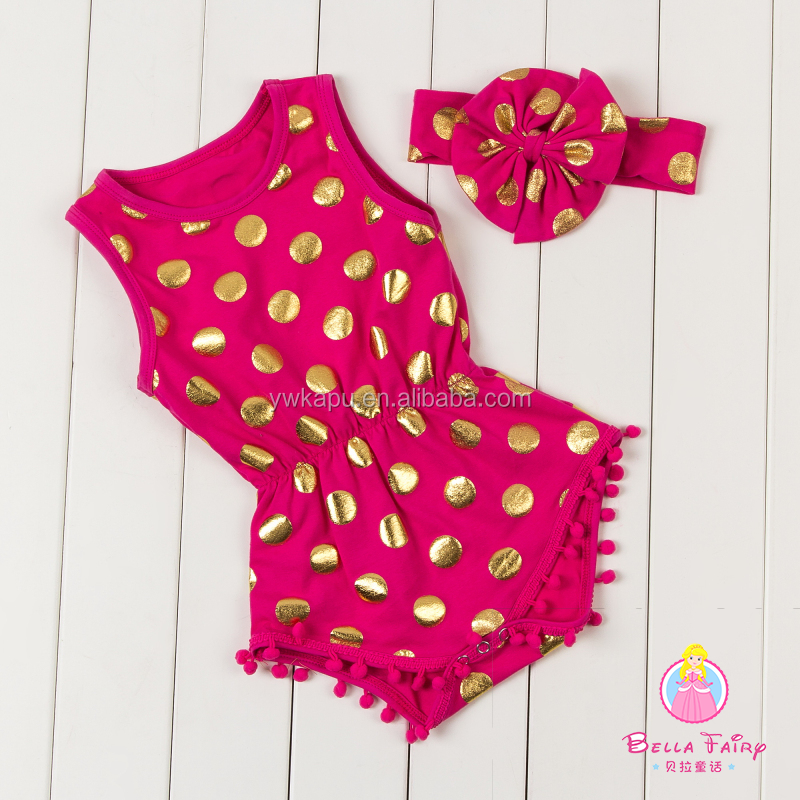 Kids fashionable clothing Hot stamping polka dot romper baby girl bodysuit pompom romper