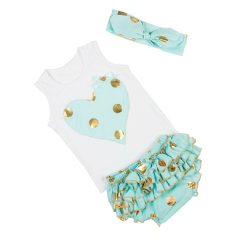 Gold Polka Dots Baby Girl Tee Top Outfit With Ruffle Bloomer And Headband 