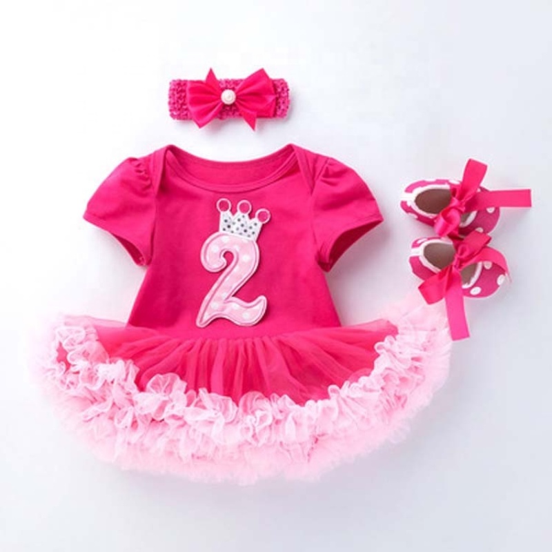 New Arrival Short Sleeve Toddler Birthday Tutu Dress With Baby Shoes And Headband Set