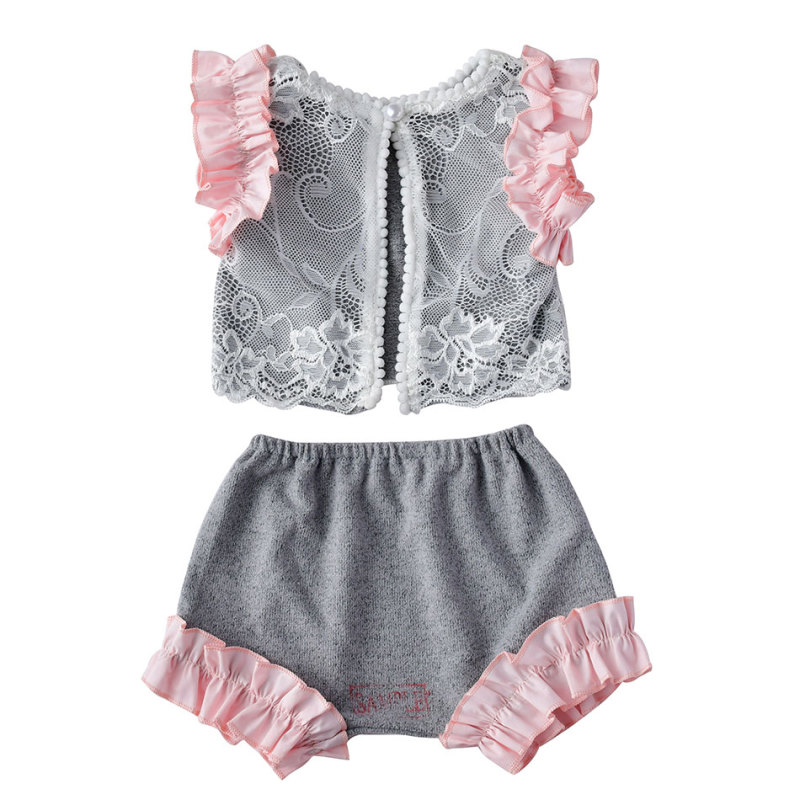 Fall Toddler Baby Girl Boutique Clothing Lace Sets With Ruffle Shoulder And Lace Pants