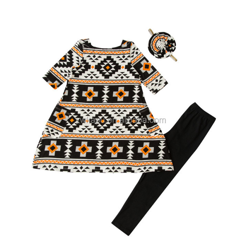 High Quality Soft Cotton Boutique Floral Girl Short Sleeve Dress With Headband And Cotton Leggings