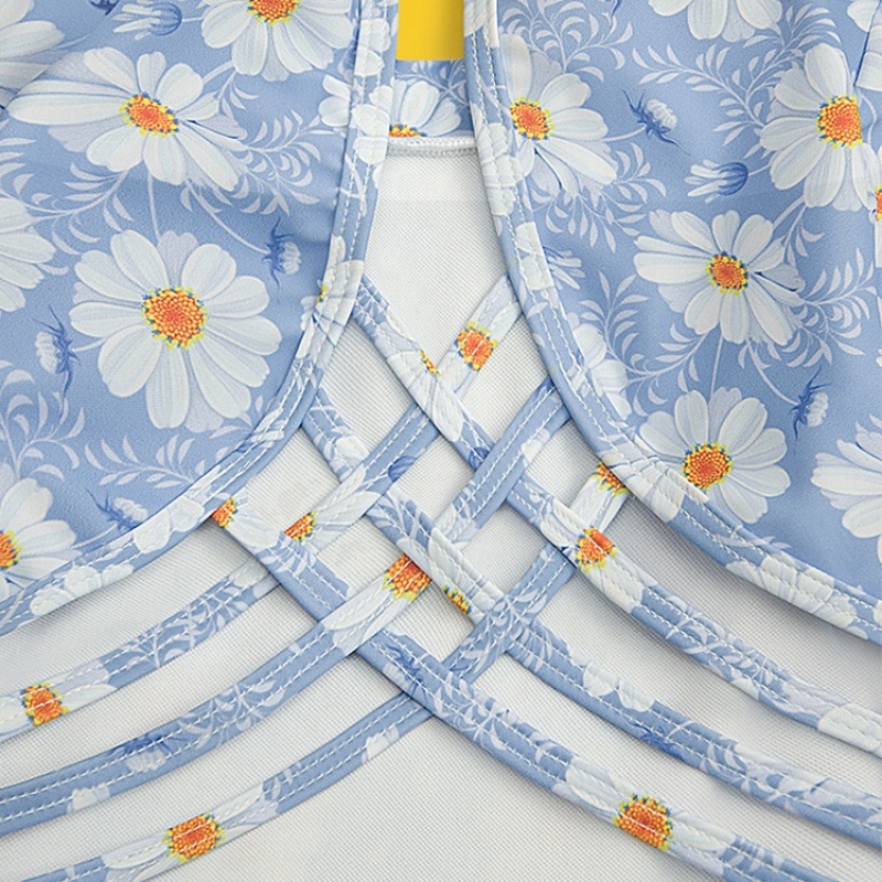 2021 new one piece blue long sleeve swimsuit floral swimwear