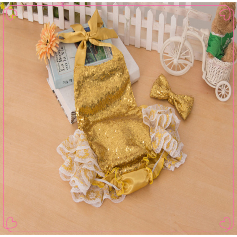 Kids Girls One Piece Children Swimsuit With Lace Kids Sleeveless Ruffle Gold Sequin Romper