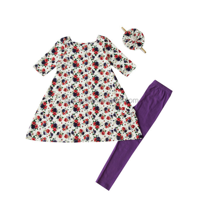 High Quality Soft Cotton Boutique Floral Girl Short Sleeve Dress With Headband And Cotton Leggings