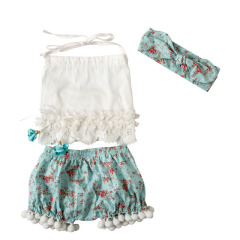 Wholesale Boutique Kids Lace Tank Top And Floral Pompom Shorts Clothing Outfit Set With Headband 