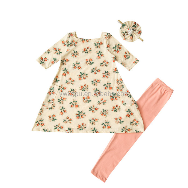 High Quality Soft Cotton Boutique Floral Girl Short Sleeve Dress With Headband And Cotton Leggings