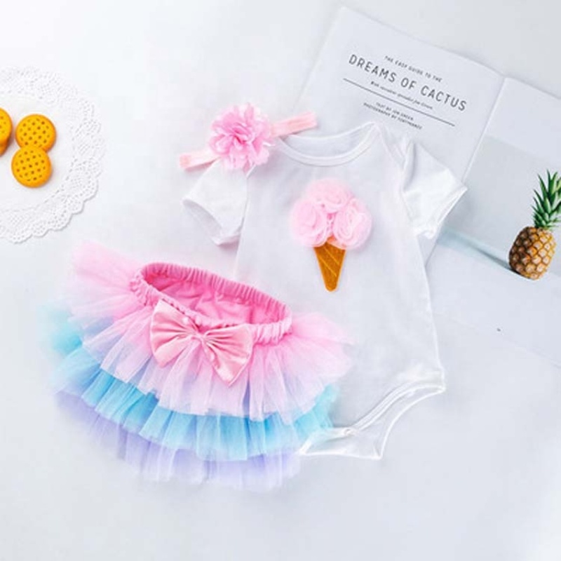 Factory Sale Kids Birthday Romper With Rainbow Tutu Skirts And Headband 