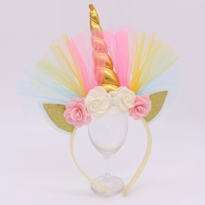 Wholesale Gold elastic designer birthday party cat ear flower  unicorn horn gauze headbands for baby girls