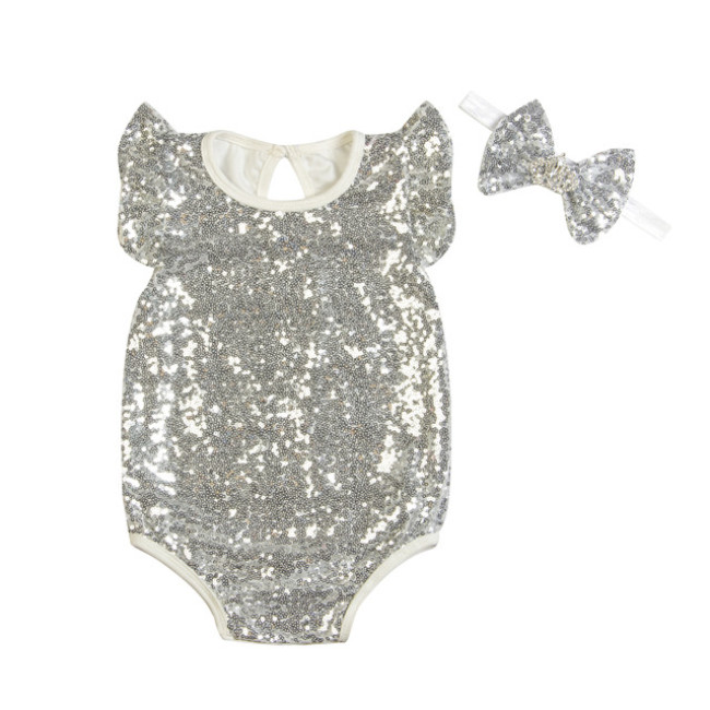 2018 New Arrival Infant Baby Sliver  Sequins Rompers Toddler Kids Clothes With Headband