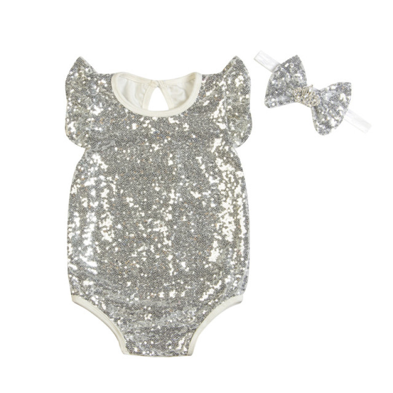 2018 New Arrival Infant Baby Sliver  Sequins Rompers Toddler Kids Clothes With Headband