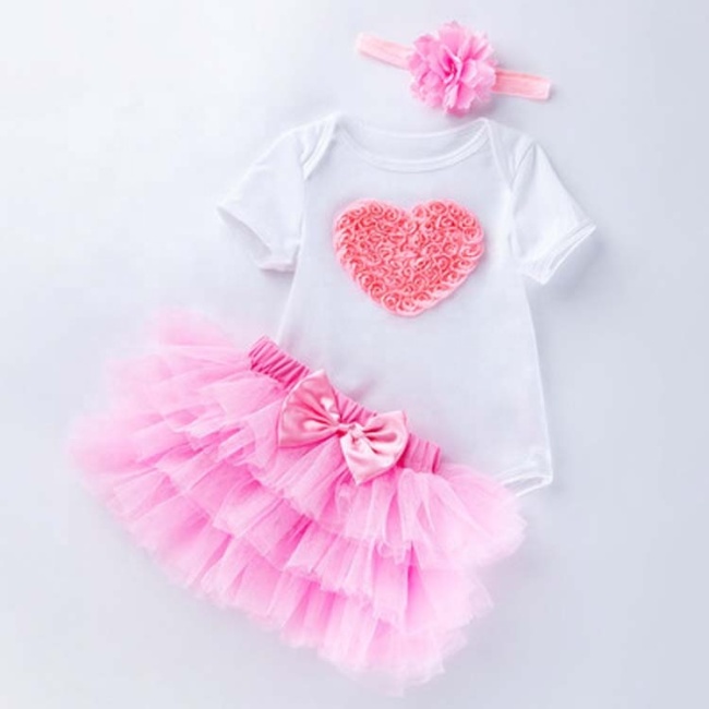 New Arrival Baby Girl Birthday Party Wear Romper Outfit With Tutu Skirts Set And Headband 