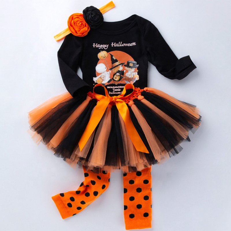 Halloween cute black long sleeve romper mesh skirt cotton baby clothing sets