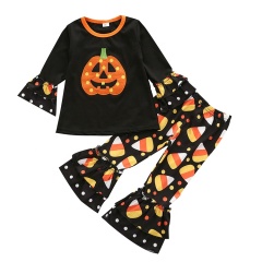 Supplier fall halloween pumpkin girls ruffles baby flared long pants outfits