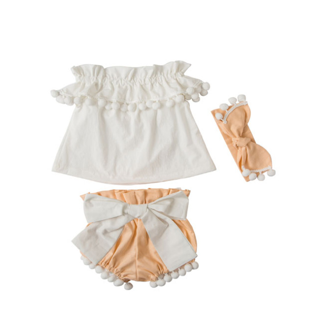 Factory Direct Sale Baby Girl Off Shoulder Pompom Clothes Sets Outfits For Summer
