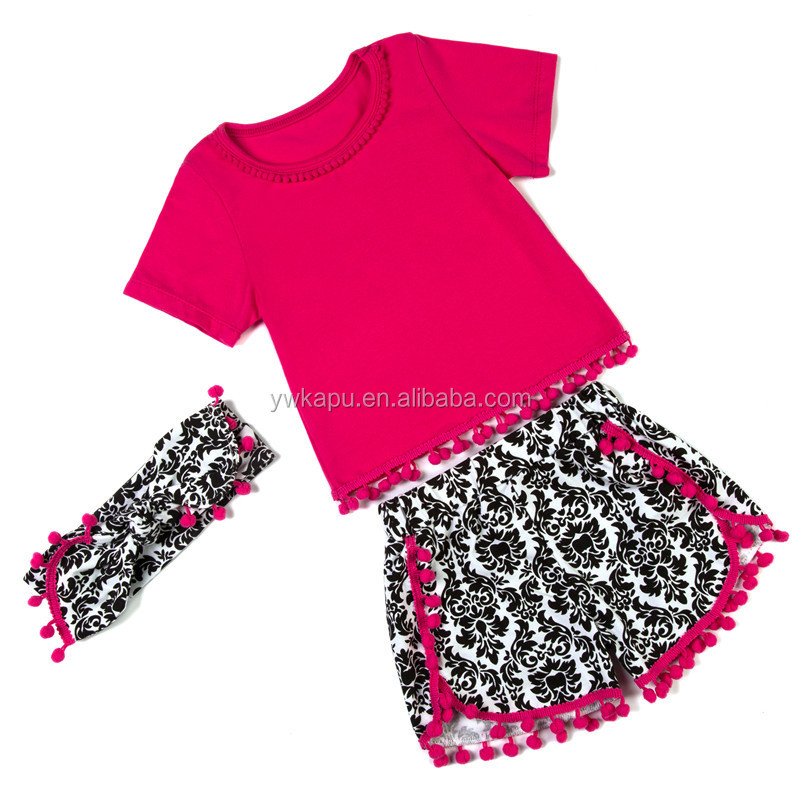 Wholesale Baby Pompom Top With Short Pants And Headband Outfit Set 