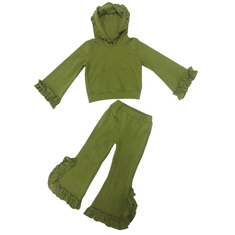  High Quality OEM Style Warm Fall Cotton Ruffle Girl Clothing Set With Hoodie