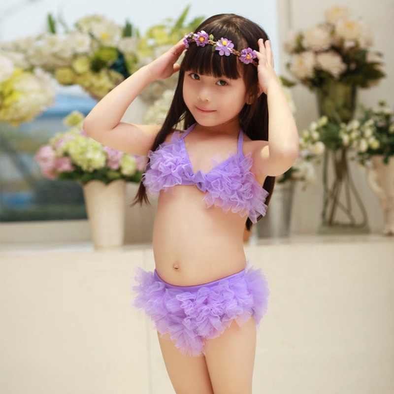 Hot selling little girls pink blue ruffle seersucker swimsuit fruit bikini