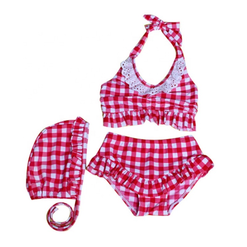 Popular three piece baby girls sport style ruched bikini swim wear