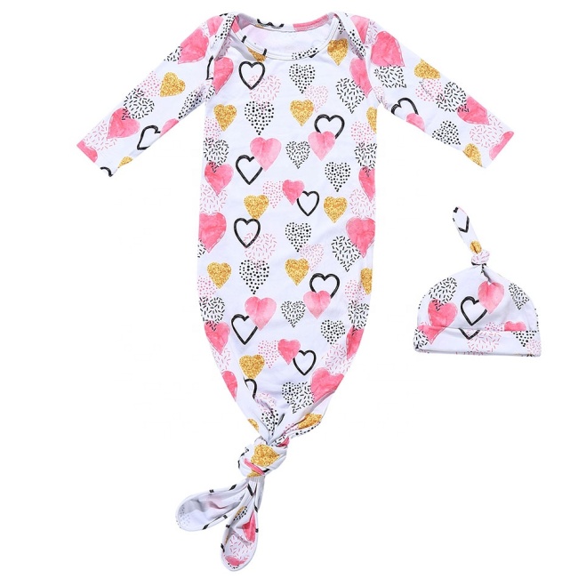 Newborn Baby Girls One-piece Knotted Pajama Sets with A Knotted Hat