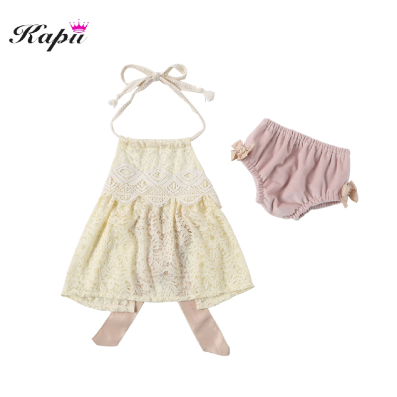 Cute Little Girls Summer Sleeveless Lace Dress With Bloomer 