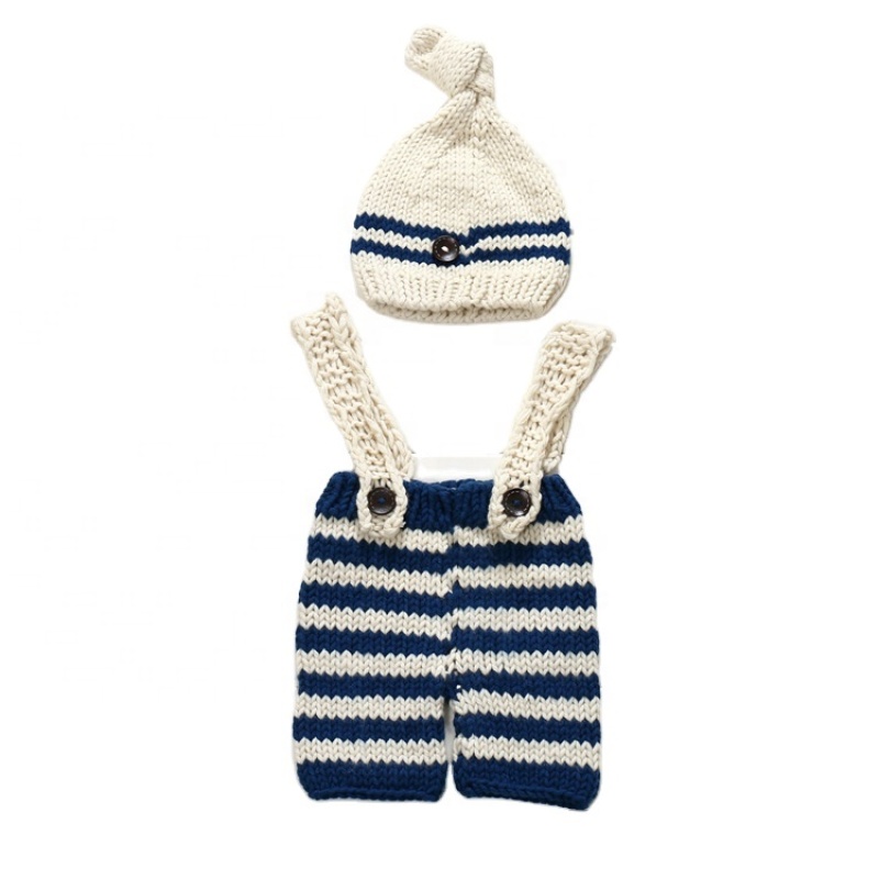 Newborn Photography Props Baby Navy Blue Hat Striped Crochet Knitting Clothing Set