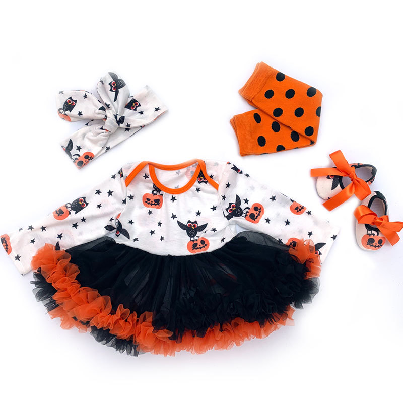 Halloween Pumpkin Little Girls Lap Shoulder Tutu Dresses With Headband And Shoes