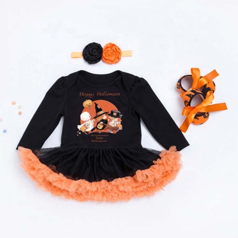 2021 fall black little girls pumpkin printed clothes tutu dresses 3 piece set