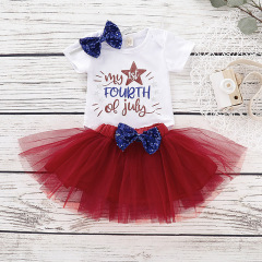 Hot Sale Pretty 4th Of July Baby Toddlers Short Sleeve Romper And Red Dresses With Sequin Bow