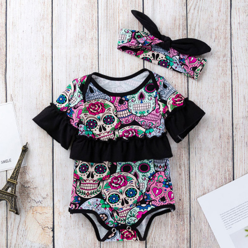 Halloween trendy punk  ruffle half sleeve boutique clothes newborn baby romper