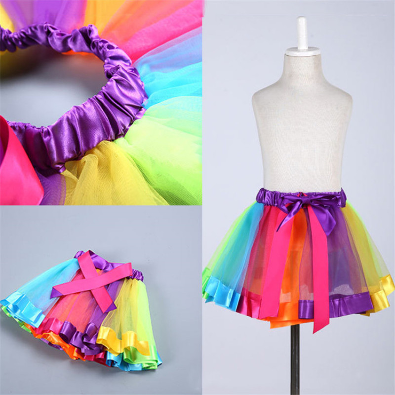 Hot Sale Multicolor Birthday Dance Tulle Rainbow Ribbon Bow Baby Girls TUTU Skirts