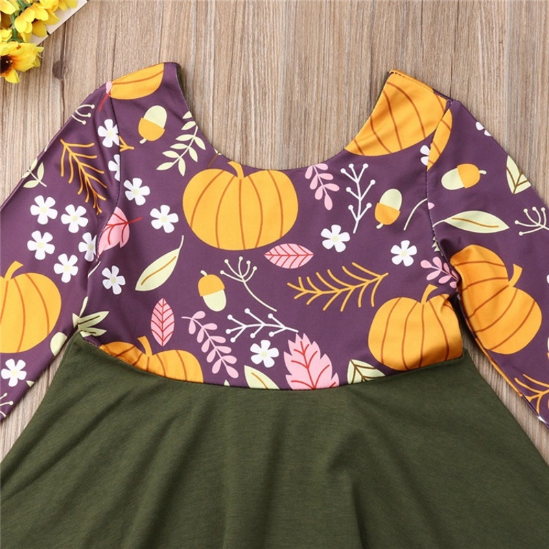 Factory pumpkin printed long sleeve dress infant girl kids clothes