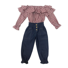 Wholesale Fall Kids Girl Denim Pants Plaid  Blouse Top 2 pcs Clothing Set
