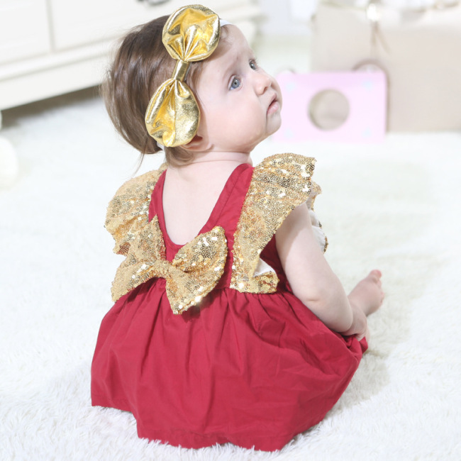 Wholesale Boutique Stylish Backless Baby Girls Dresses Rompers Jumpsuit with Sequin Ruffle Sleeve and Bow